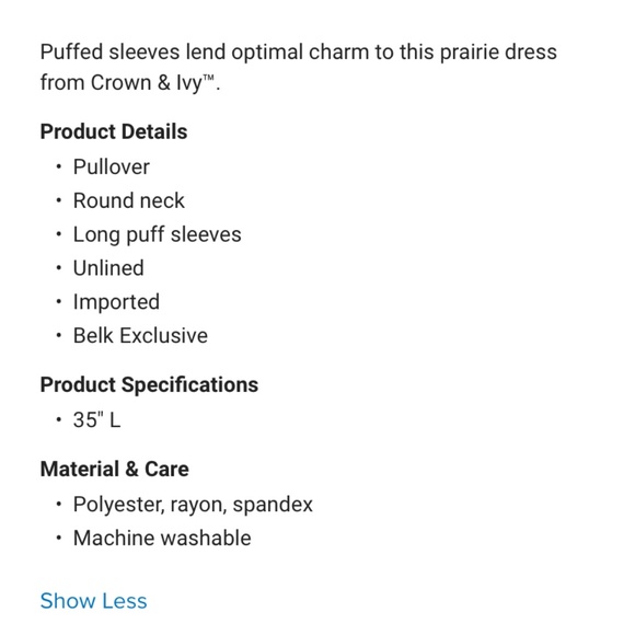 Crown & Ivy long puff sleeve prairie dress. Never worn. Retail‎ 60 - Picture 3 of 6